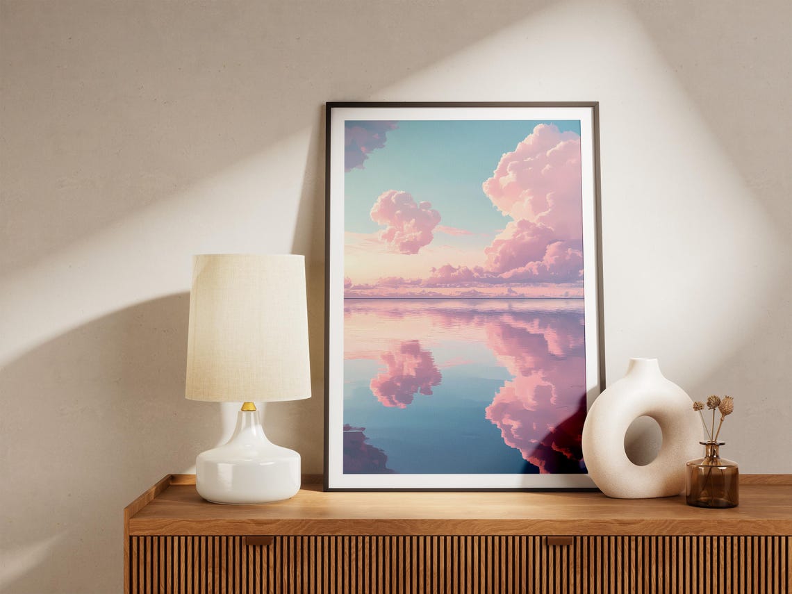 Pink Clouds Perfectly Reflected in a Mirror-Calm Turquoise Sea Poster - Image 5