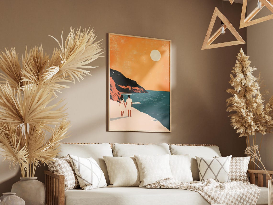 Minimalist Couple Watching Sunset On A Golden Cliff Beach Poster - Image 3