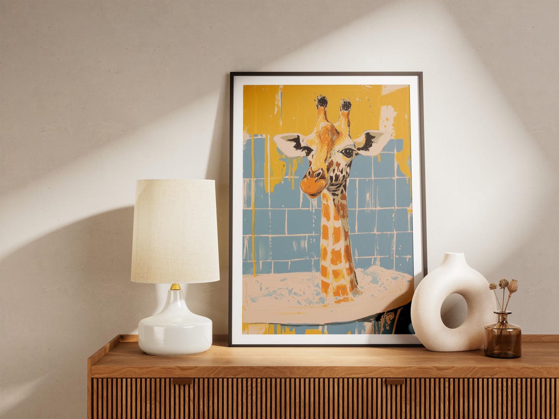 Whimsical Giraffe In Bathtub Yellow Blue Graphic Bathroom Poster - Image 5