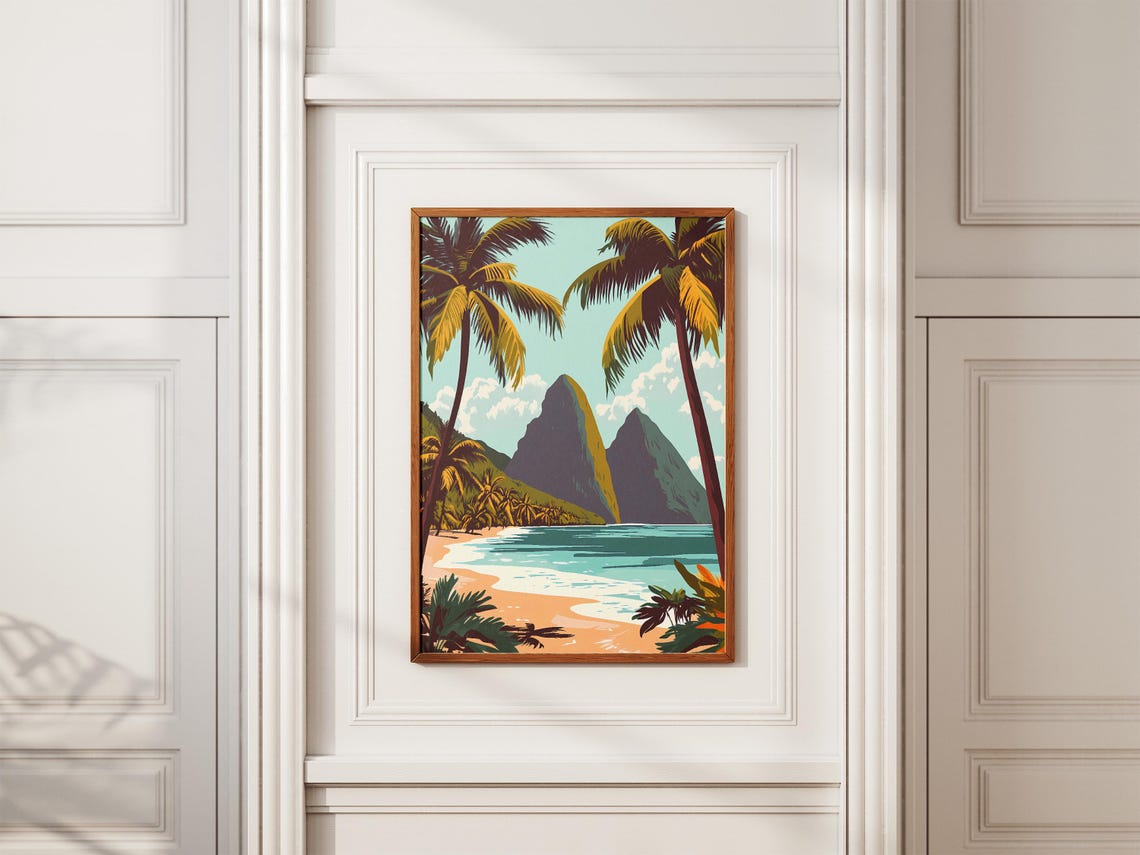 Saint Lucia Twin Pitons Peak Sunny Beach Paradise Travel Poster - Image 2