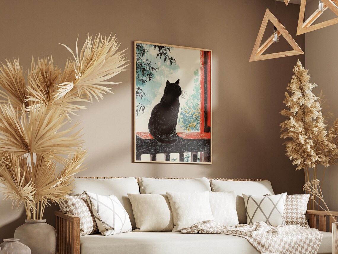 Black Cat Silhouette Gazing Out Window Japanese Woodcut Art Poster - Image 3