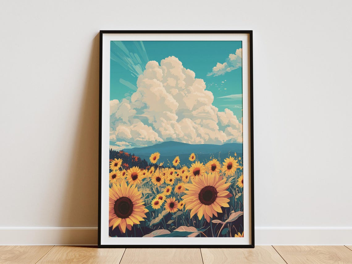Sunflower Field Under Dramatic Thunderclouds Summer Art Poster