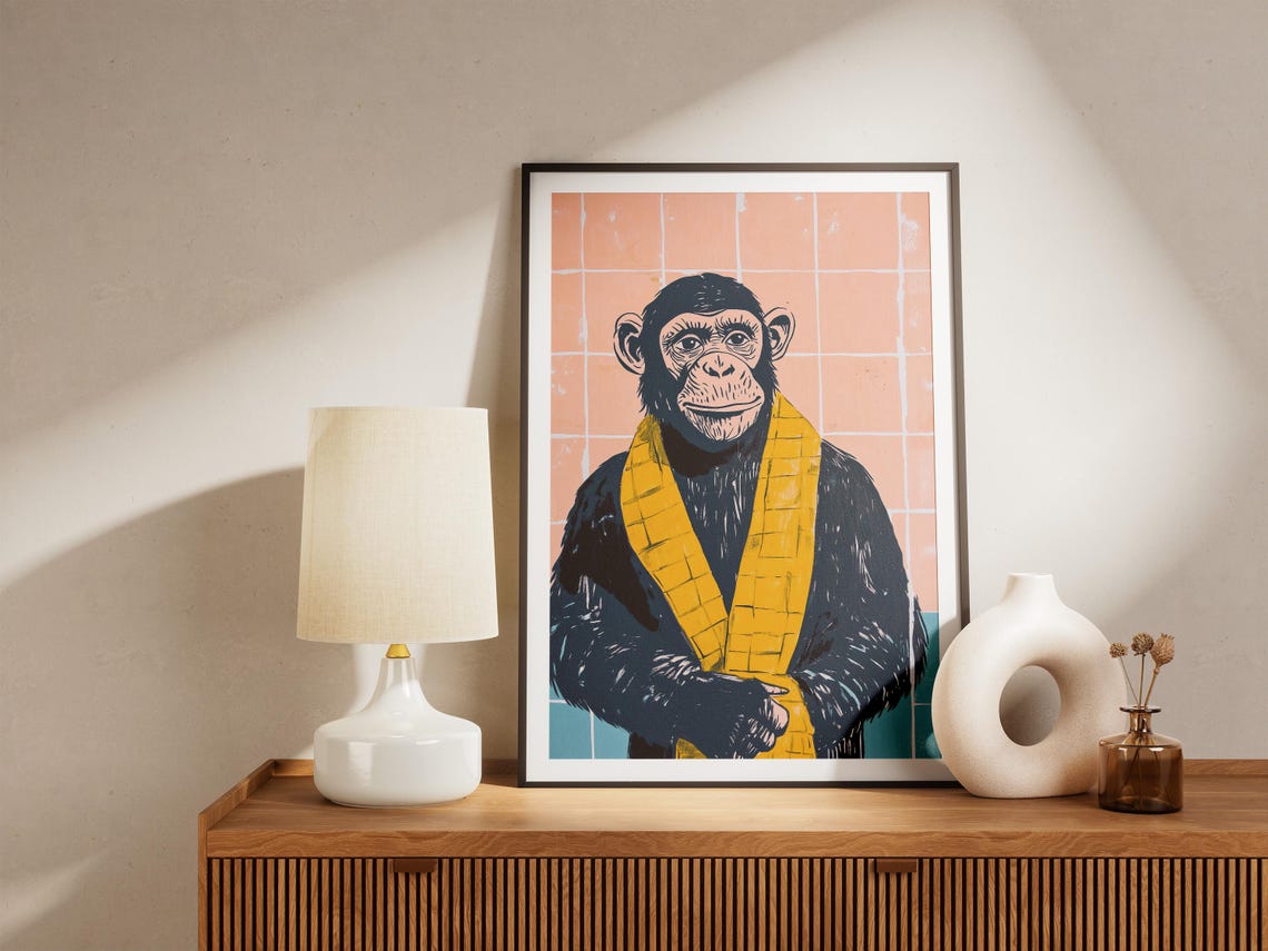 Chimpanzee in Yellow Bathrobe Peach Bathroom Funny Animal Poster - Image 5