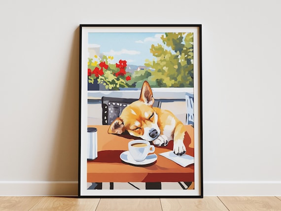 Sleepy Chihuahua Napping on Cafe Table Beside Coffee Cup Poster