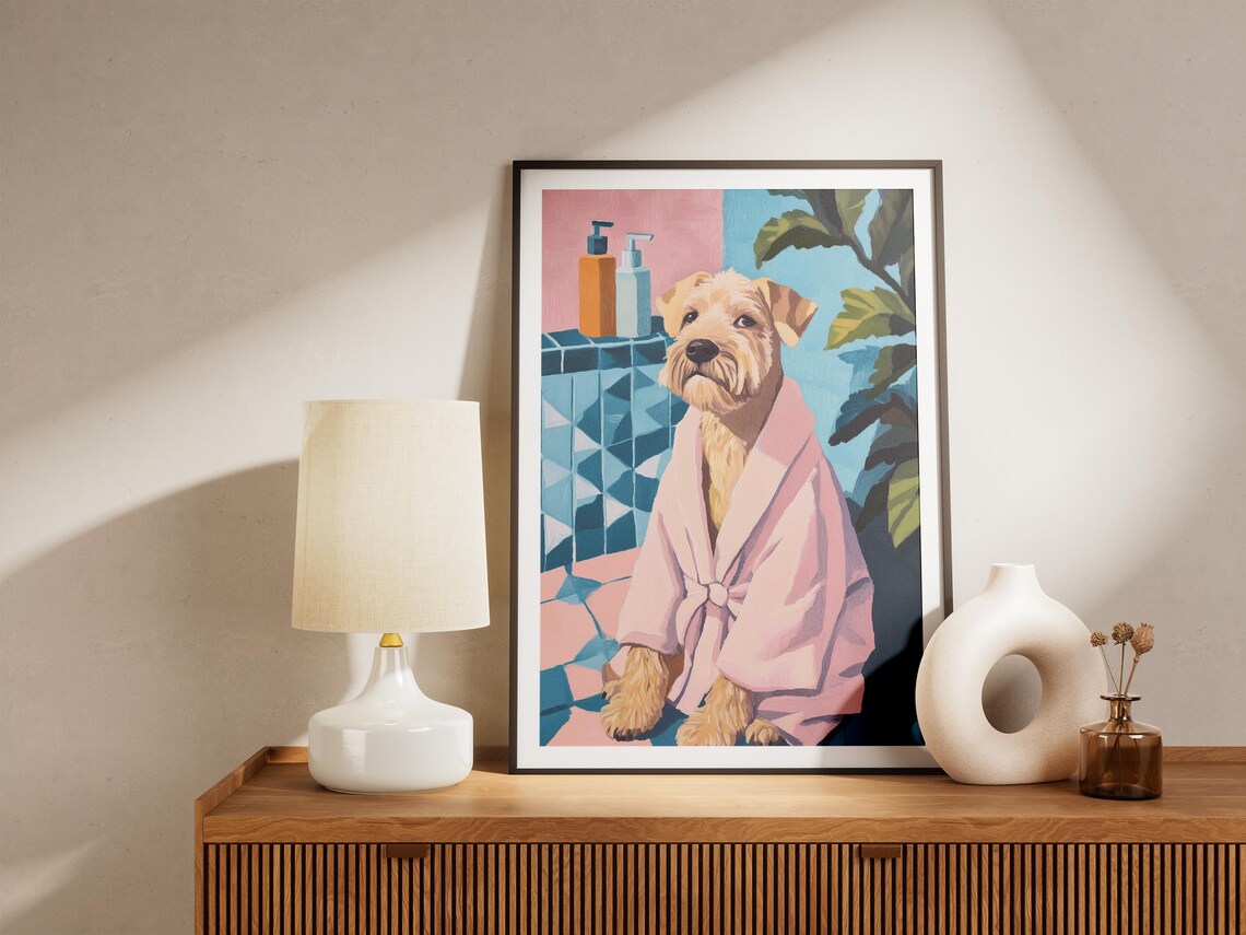 Wheaten Terrier Bathrobe Dog Art Print Dog In Pink Robe Poster Cute Puppy Painting Pet Portrait Modern Dog Illustration Whimsical Canine - Image 5