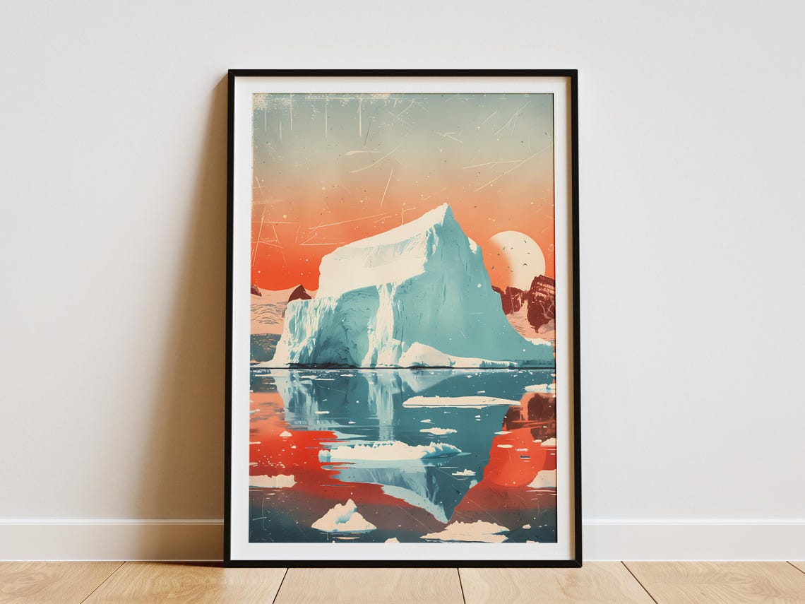 Giant Iceberg Reflection Sunset Orange Sky Arctic Art Poster