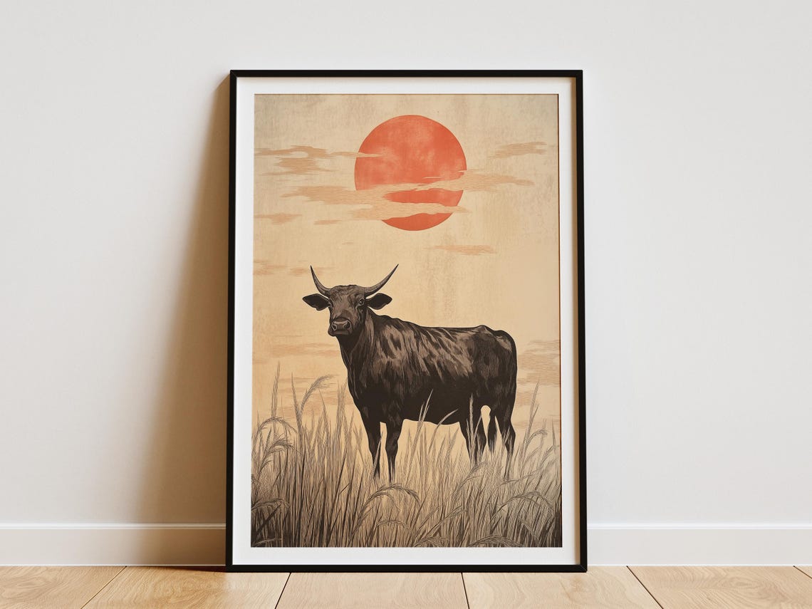 Ox In Rice Field Poster Sunrise Art Print Asian Landscape Wall Decor Farmhouse Animal Illustration Japanese Style Art Print Farmhouse Decor