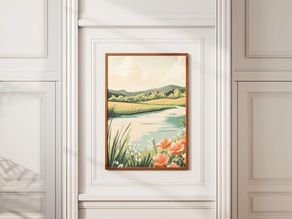 Wildflower River Through Golden Meadow Pink Poppies Scenic Art Poster - Image 2