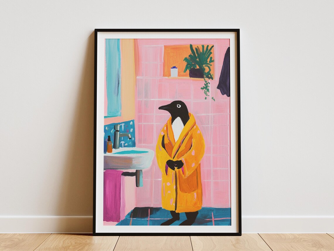 Penguin In A Bathrobe Bathroom Art Print, Whimsical