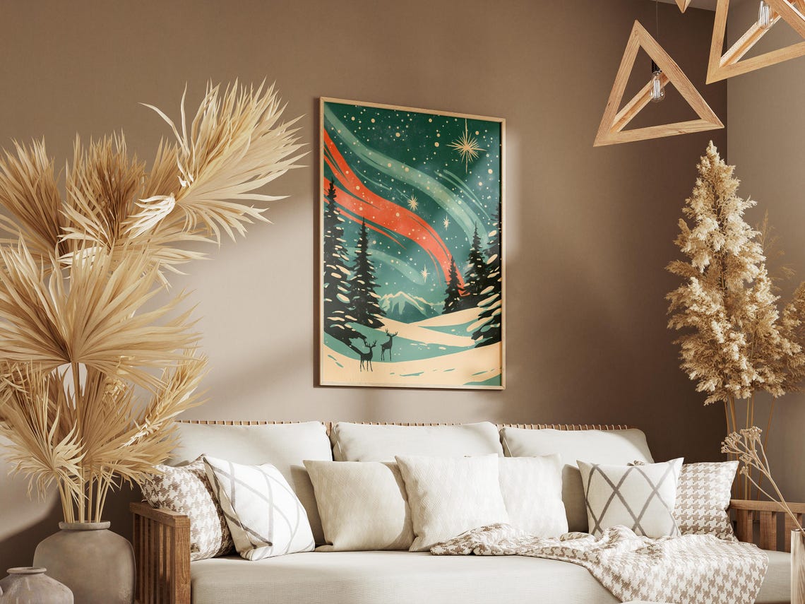 Aurora Borealis Christmas Night Snowy Deer Forest Scene Poster - Image 3