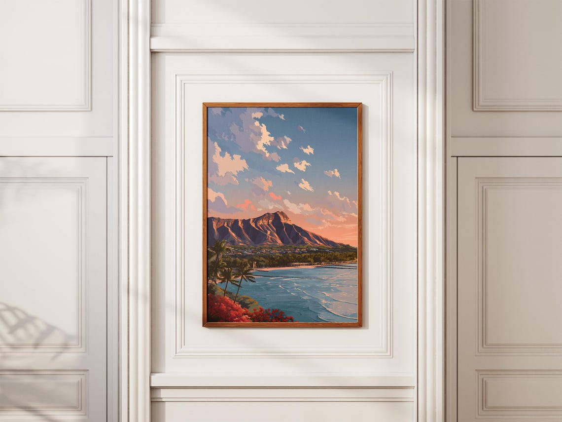 Diamond Head Honolulu Hawaii Sunrise Coast Tropical Travel Poster - Image 2