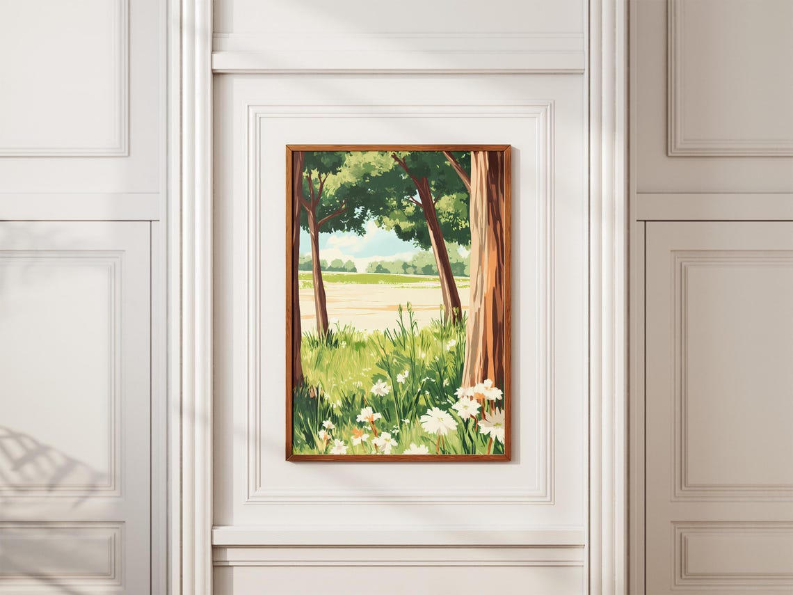 Summer Meadow With White Daisies Between Two Tall Trees Poster - Image 2