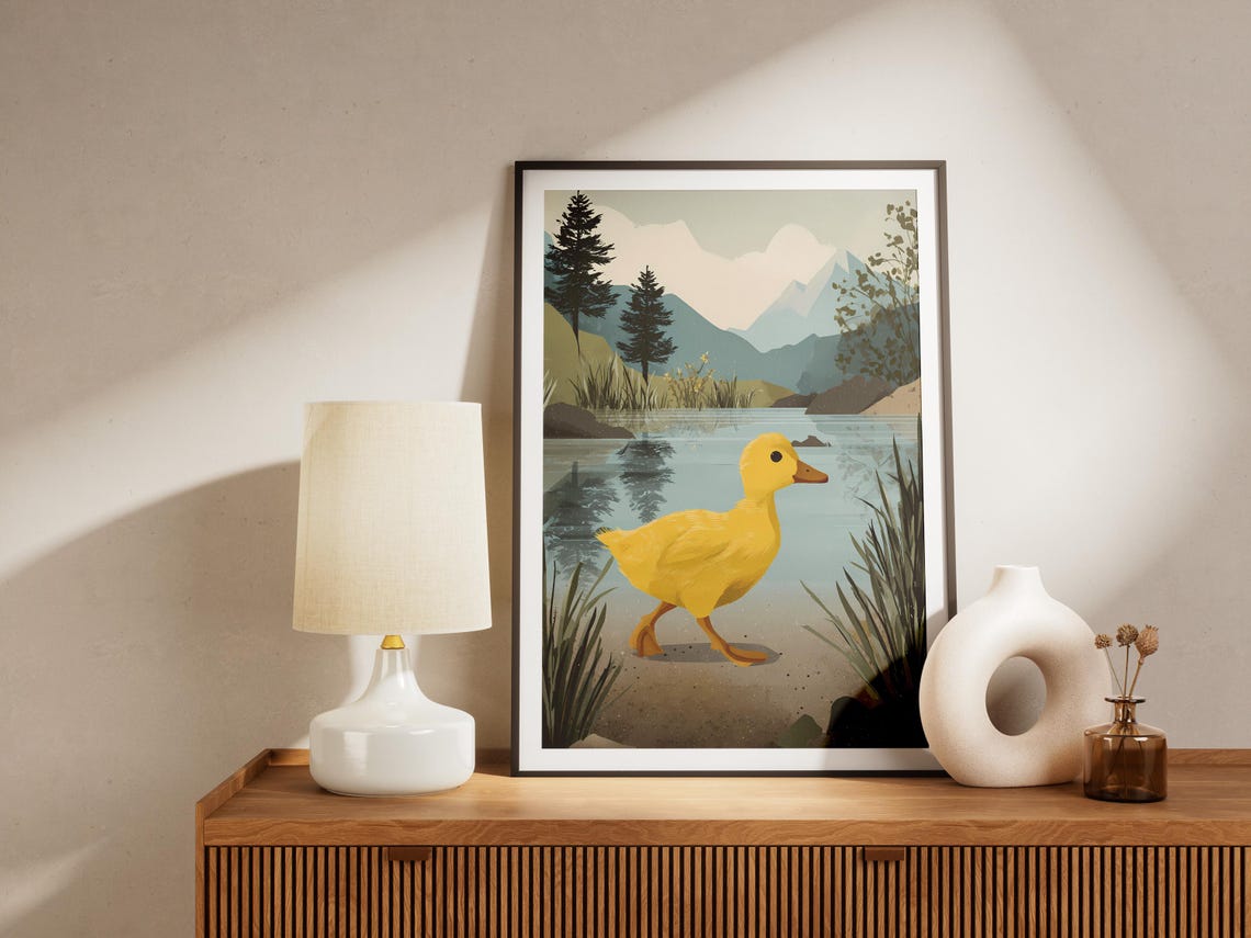 Yellow Duckling By Mountain Pond Cute Nursery Animal Sunny Poster - Image 4
