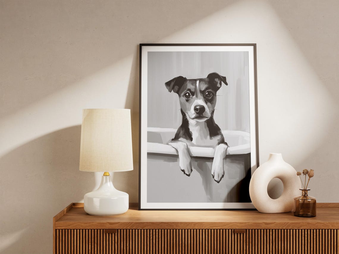 Jack Russell Terrier In A Bathtub Black And White Art Poster - Image 4