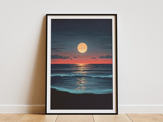 Ocean Moon Poster, Modern Minimalist Coastal Decor