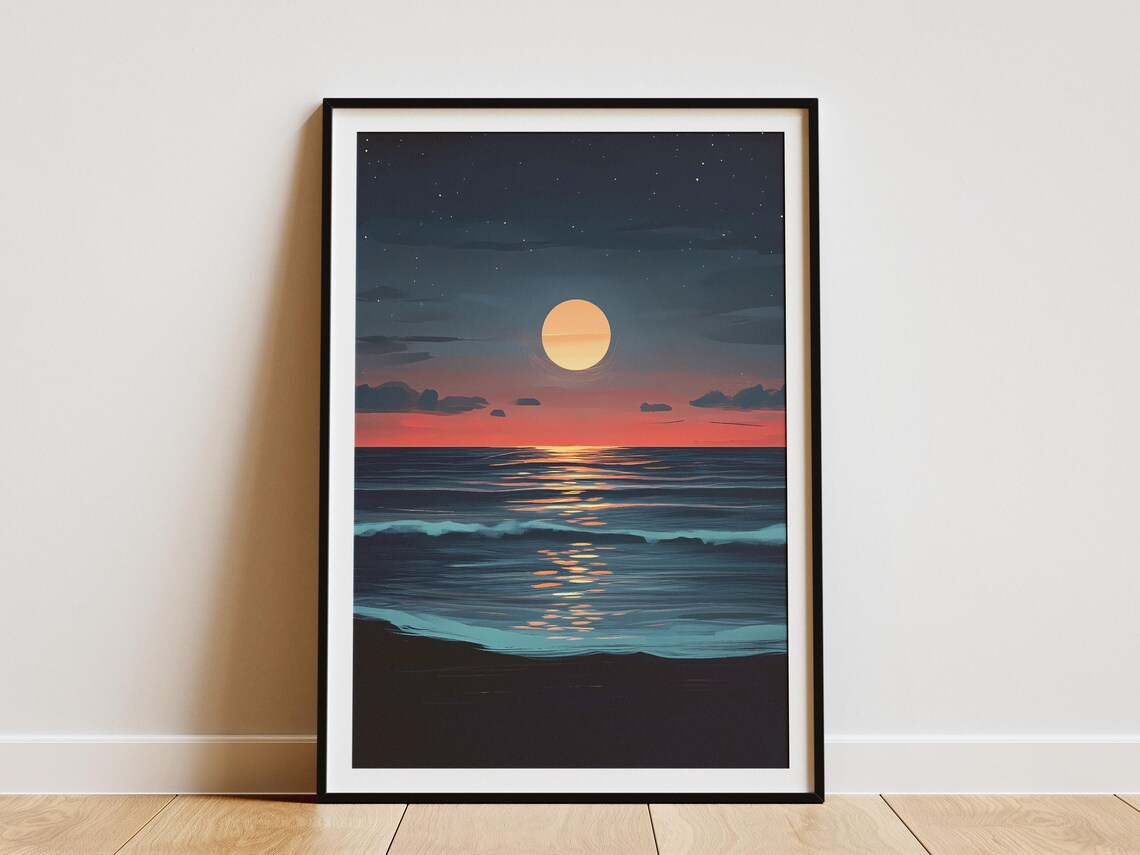 Ocean Moon Poster, Modern Minimalist Coastal Decor
