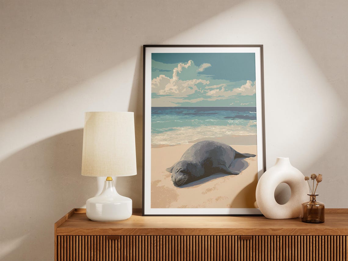 Sleeping Hawaiian Monk Seal Beach Ocean Scene Animal Art Poster - Image 4