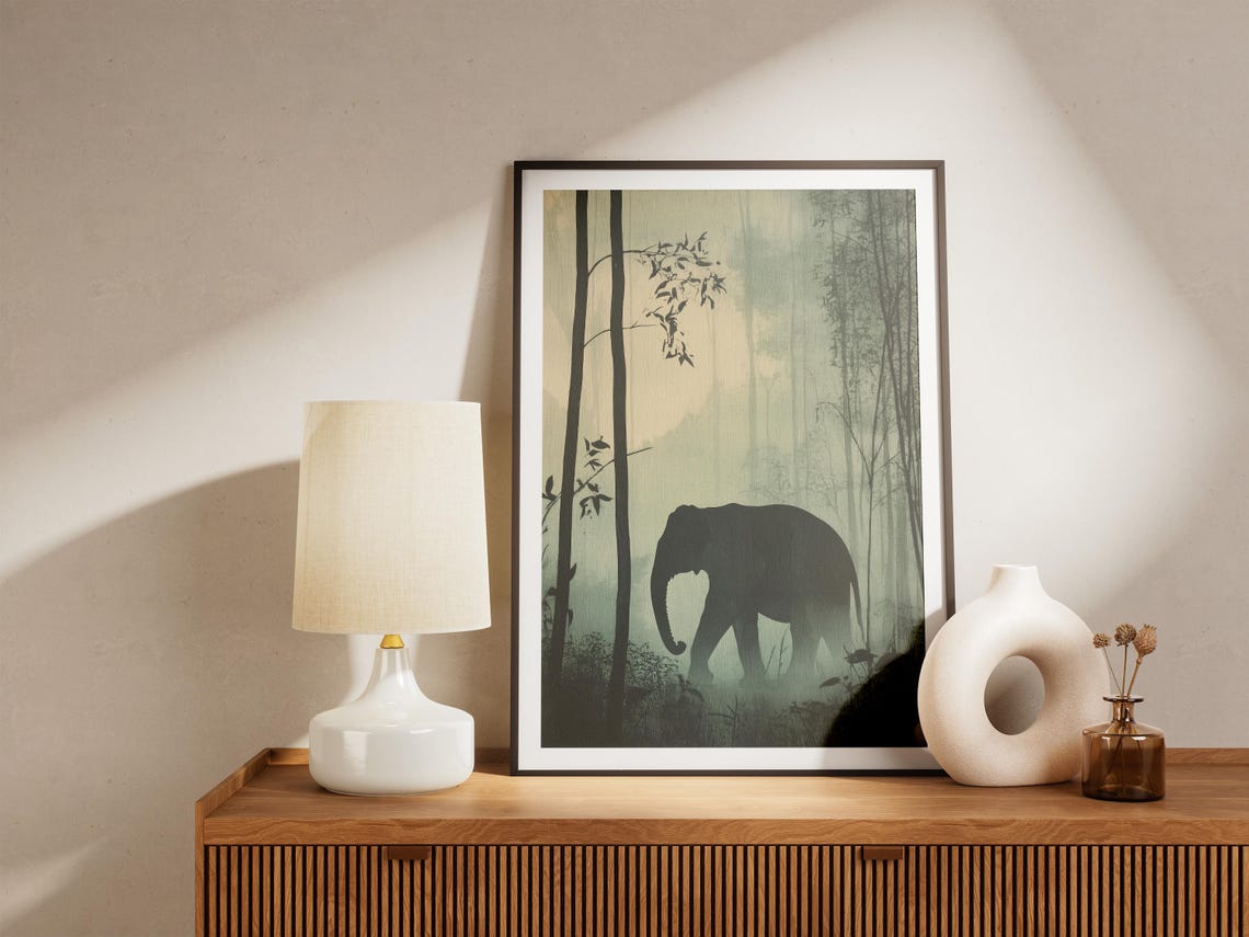 Elephant Silhouette Walking Through Misty Foggy Forest Art Poster - Image 5