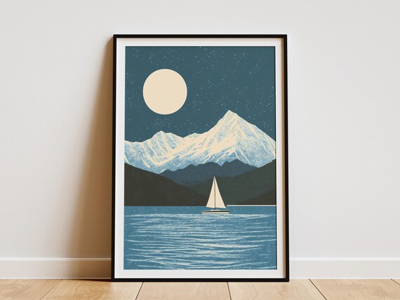 Kenai Fjords National Park Alaska Sailboat Moonlit Bay Mountain Art Poster