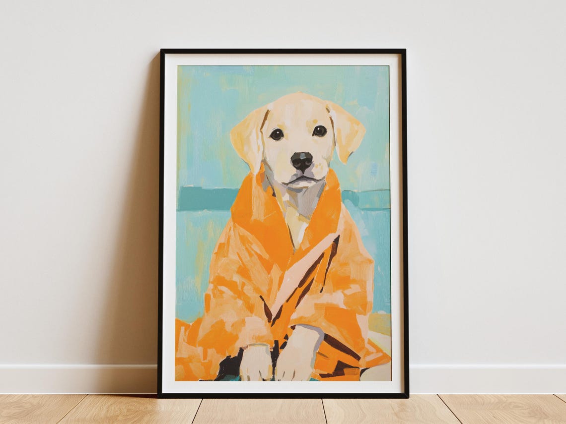 Yellow Labrador Puppy In Orange Bathrobe Poster Cute Dog Bathroom Art