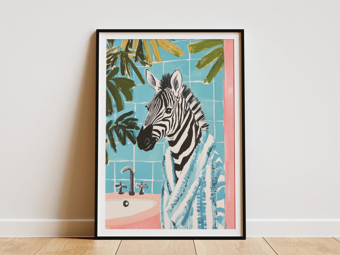 Zebra Wearing Blue Bathrobe Palm Leaf Tile Bathroom Fun Poster