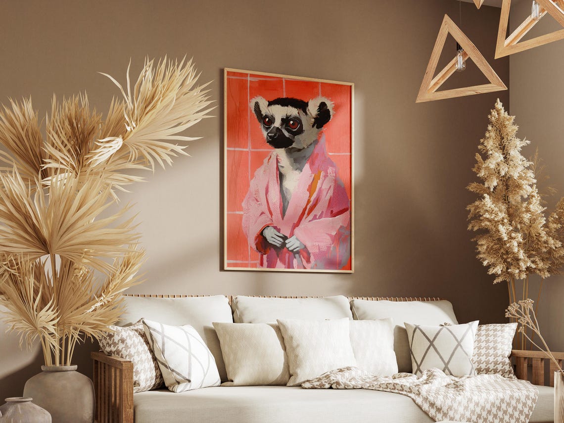 Ring Tailed Lemur in Pink Bathrobe Coral Bathroom Animal Poster - Image 3
