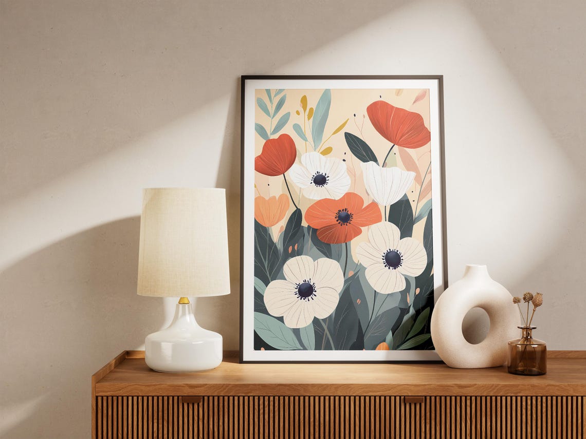Red And White Anemone Blooms Modern Bohemian Botanical Poster - Image 5