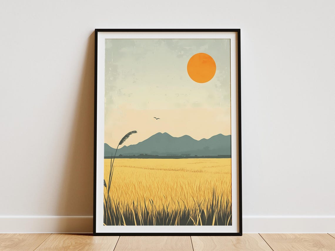 Golden Rice Field Under Orange Sun Minimalist Farm Scene Poster