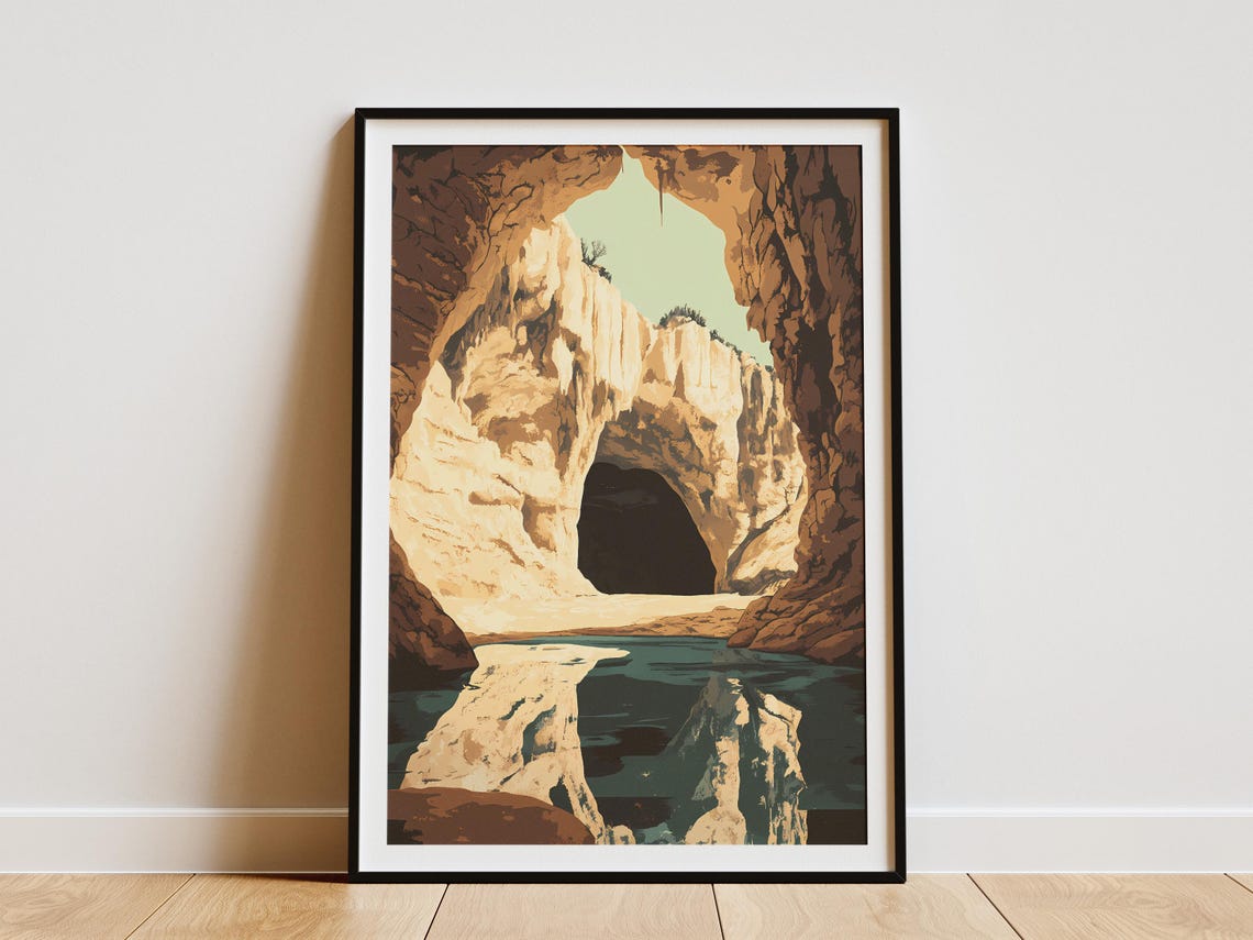 Sunlit Cavern Arch Reflected in Still Cave Water Landscape Poster
