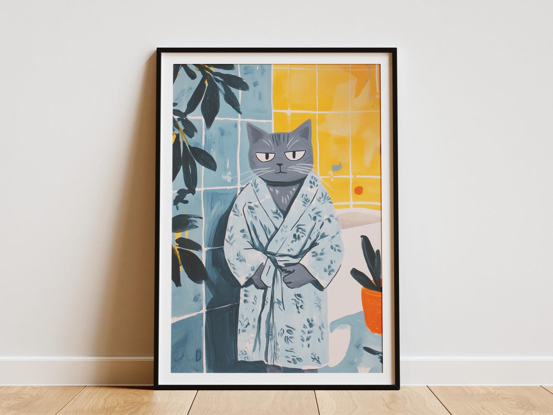 Grumpy Gray Cat in Floral Bathrobe Funny Bathroom Pet Art Poster