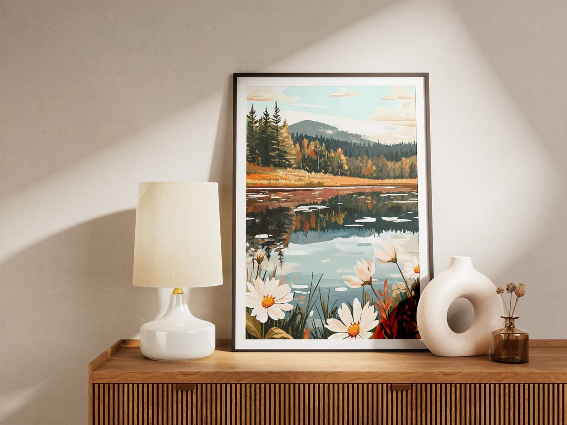 Alpine Lake with Daisies and Autumn Forest Reflection Poster - Image 5