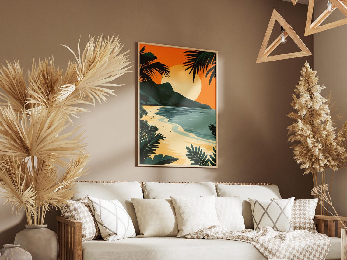 Tropical Beach Sunset Palm Silhouette Island Ocean View Poster - Image 3