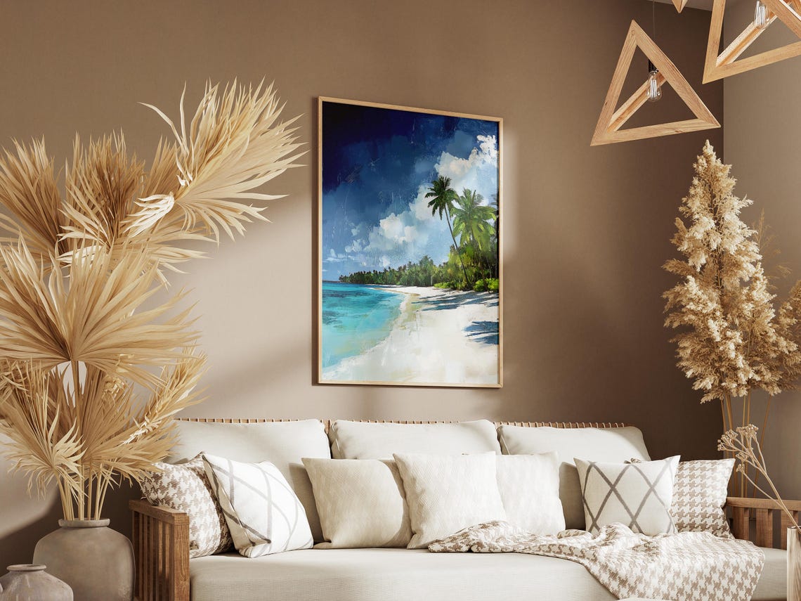 White Sand Island Beach Palm Trees Deep Blue Ocean Escape Poster - Image 3