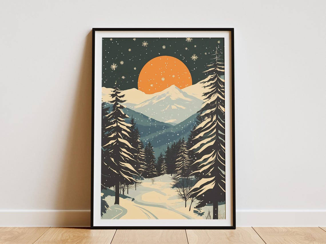 Snowy Pine Forest Under an Orange Moon in Falling Snow Poster