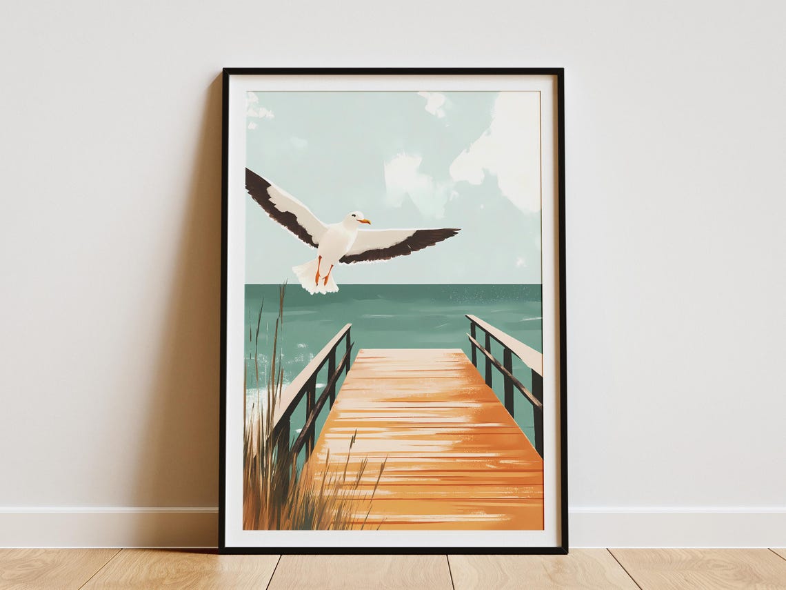 Seagull Flying Over Beach Boardwalk Ocean Coastal Scene Poster