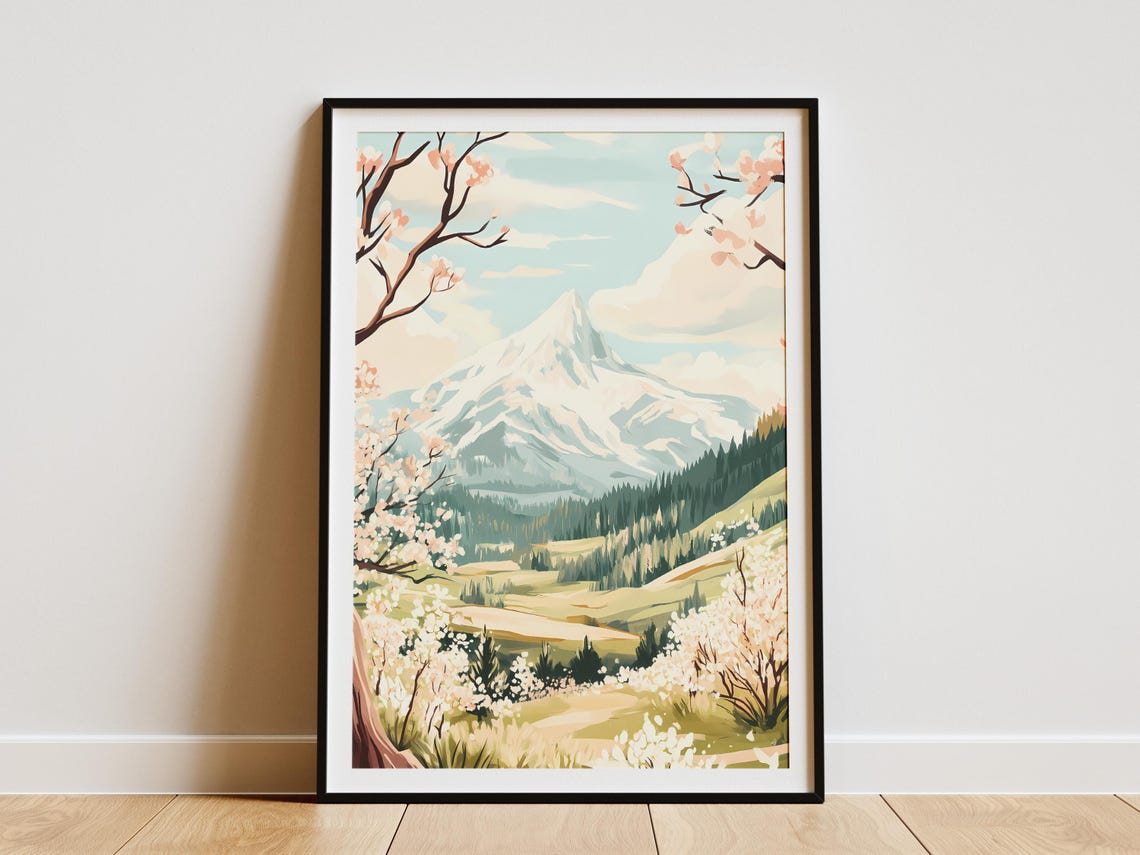 Snow Capped Mountain Peak Spring Blossoms Valley Landscape Art Poster