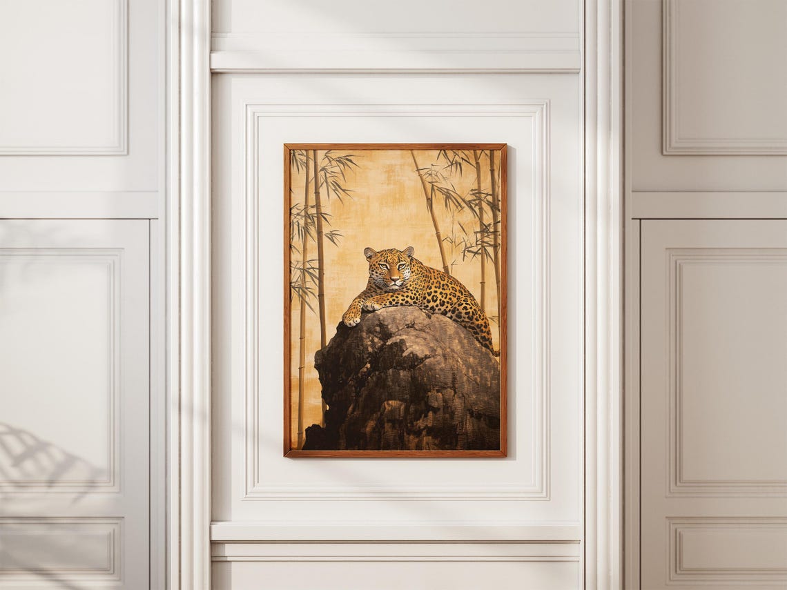 Leopard Resting on Rock in Golden Bamboo Grove Wildlife Art Poster - Image 2