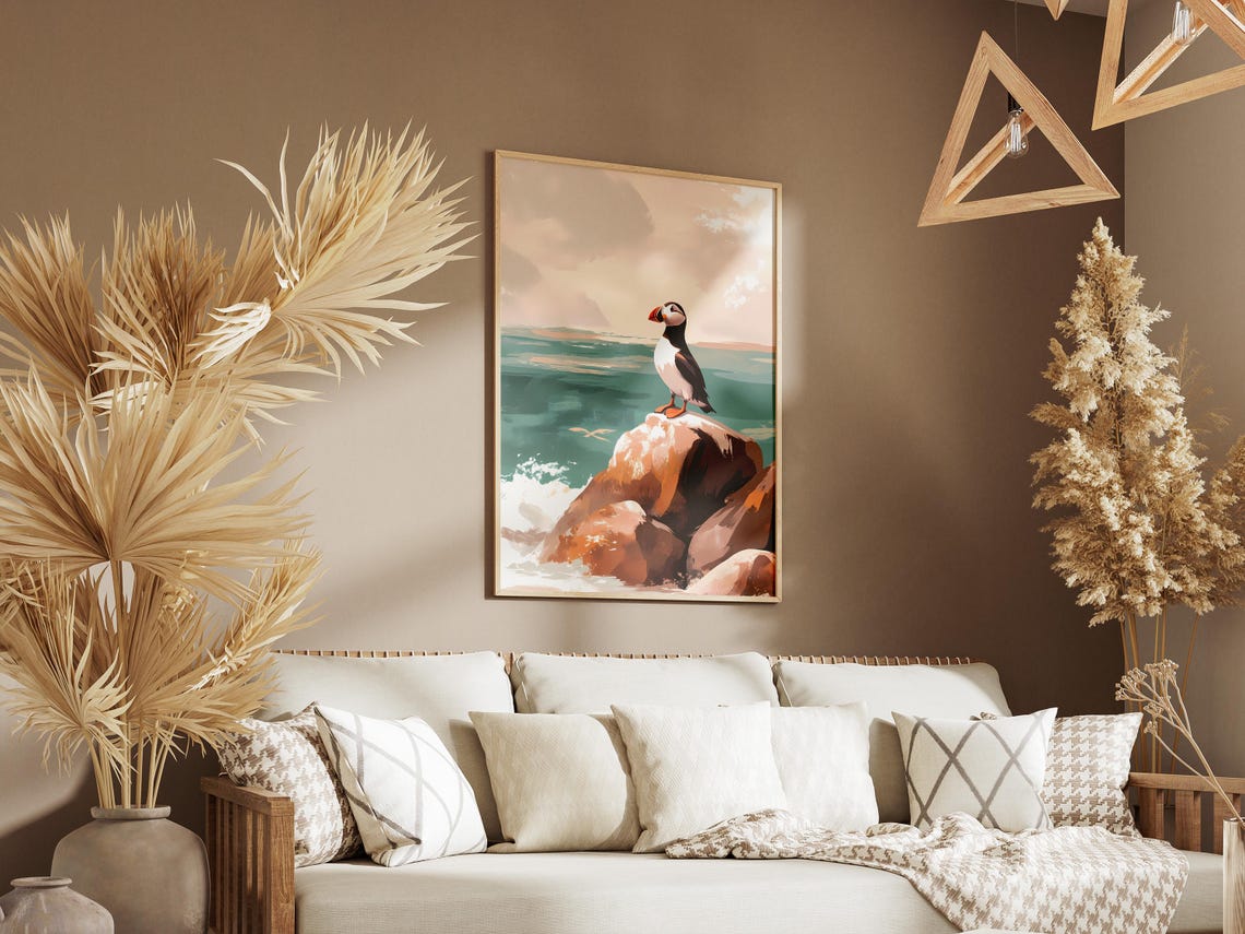 Puffin on Coastal Rocks with Crashing Waves Seabird Art Poster - Image 3