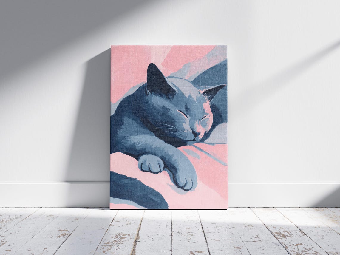Gray Cat Sleeping on Pink Bedding Soft Pastel Pet Portrait Poster - Image 2