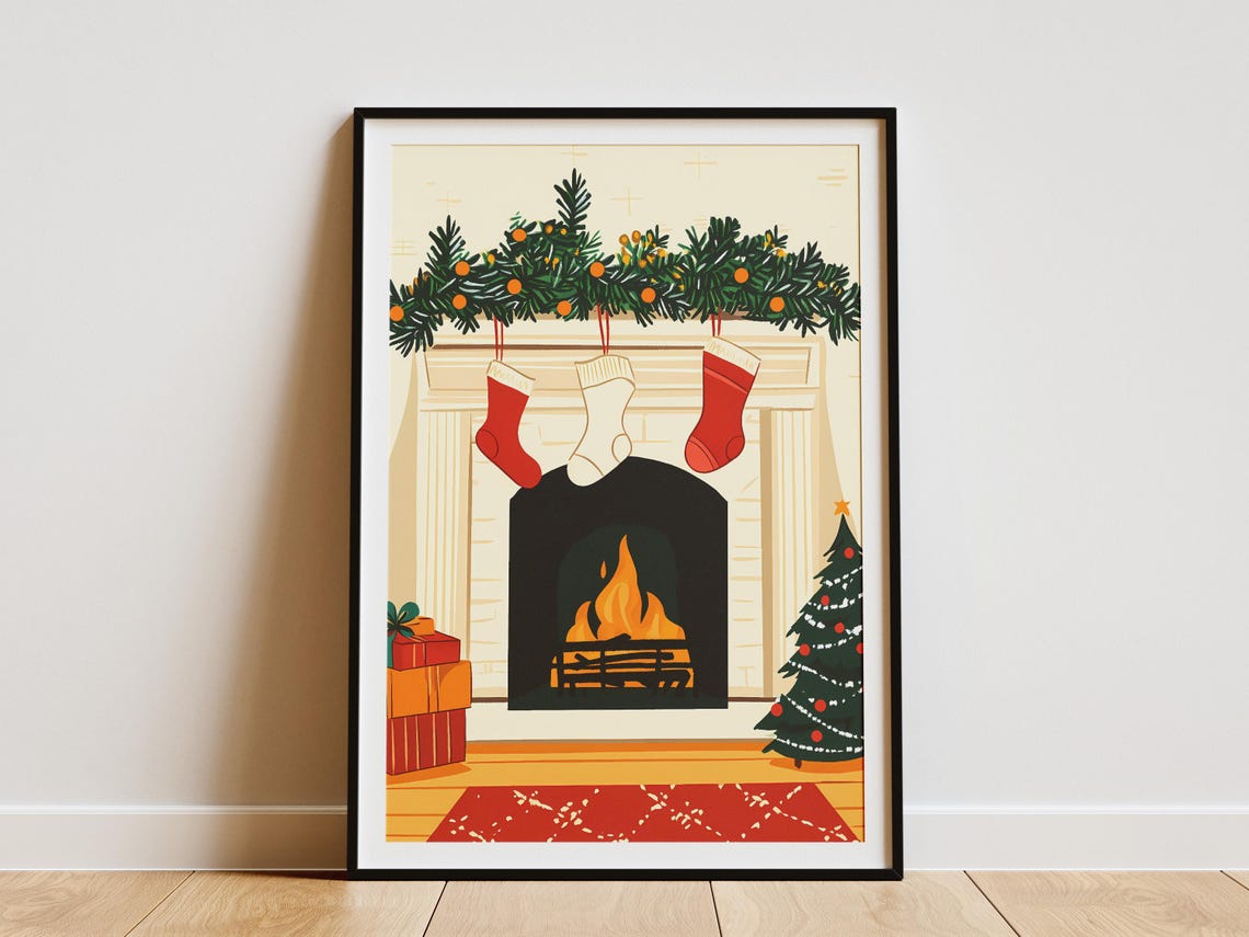 Cozy Christmas Fireplace With Stockings and Tree Holiday Poster
