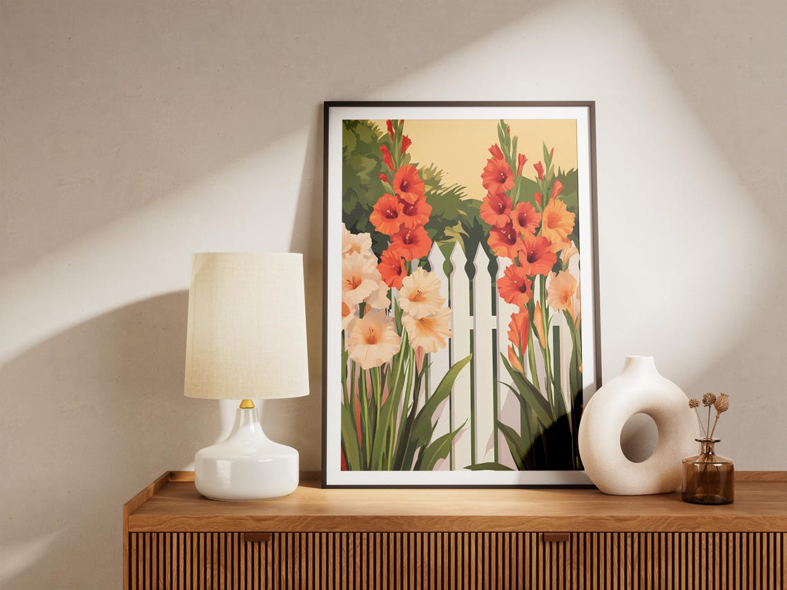 Gladiolus Flowers By White Picket Fence Summer Garden Poster - Image 5