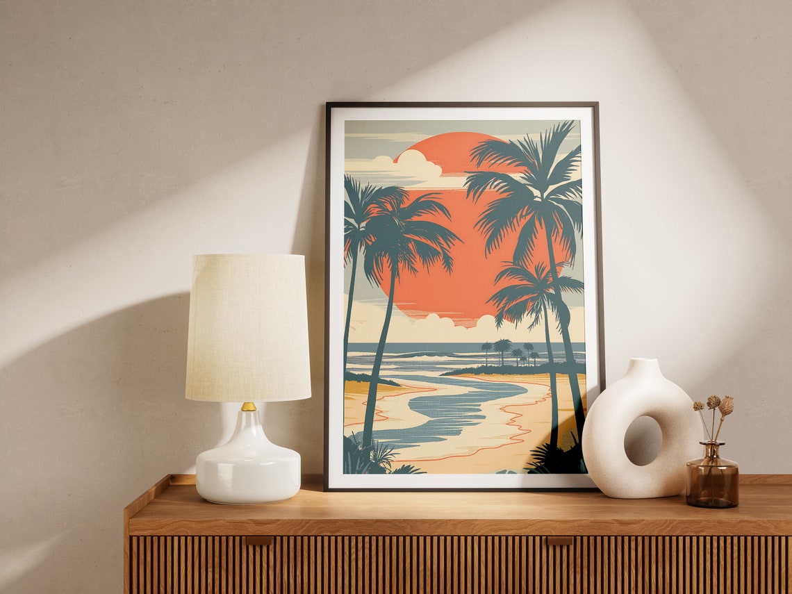 Tall Palm Trees and Giant Coral Sun Retro Beach Sunset Poster - Image 2