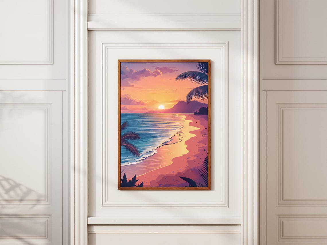 Pink Orange Sunset Beach Palms Ocean Waves Illustration Poster - Image 2