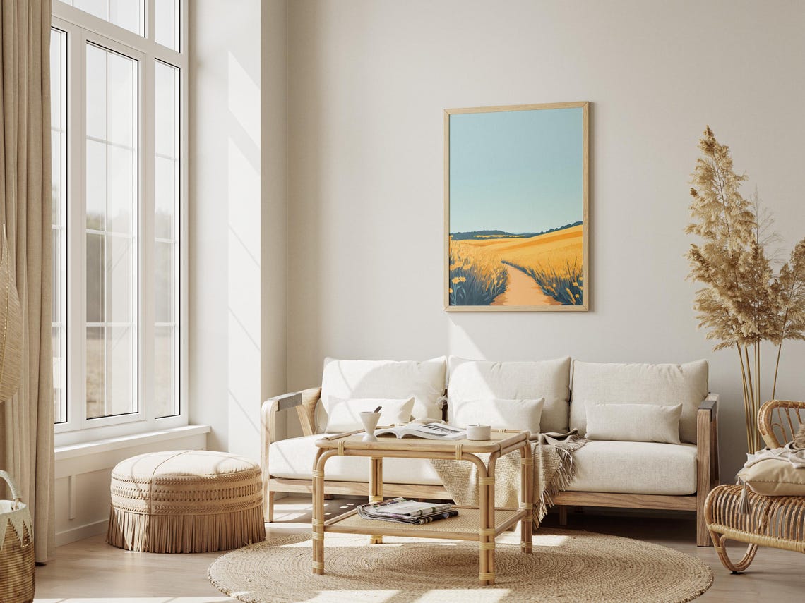 Sunny Yellow Wildflower Field With A Dirt Path Modern Art Poster - Image 3