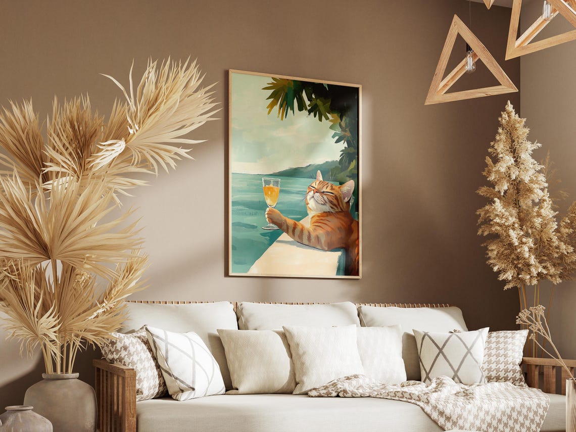 Content Orange Tabby Cat Enjoying A Cocktail By The Sea Poster - Image 3