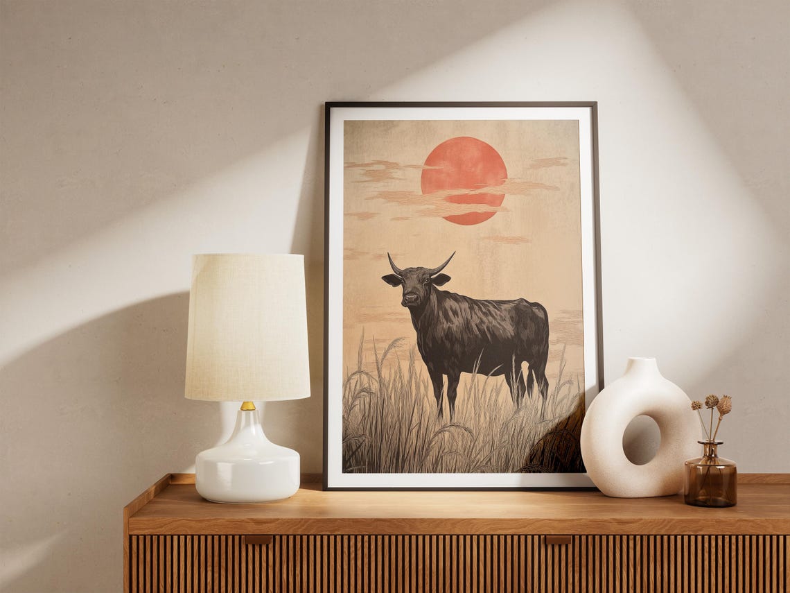 Ox In Rice Field Poster Sunrise Art Print Asian Landscape Wall Decor Farmhouse Animal Illustration Japanese Style Art Print Farmhouse Decor - Image 5