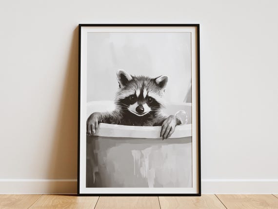 Raccoon In Bathtub Poster Funny Animal Print Bathroom Wall Art Minimalist Cute Black And White Illustration Home Decor