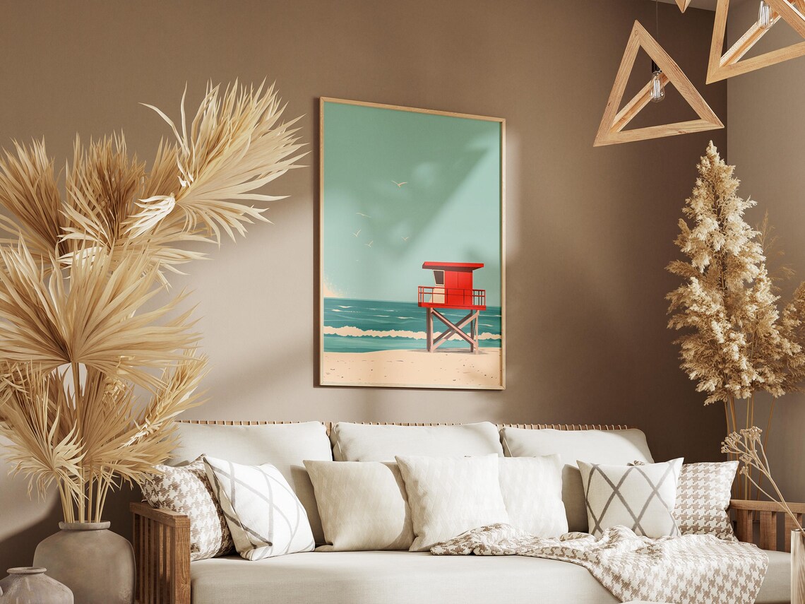Red Lifeguard Tower Retro Beach Summer Coast Seagulls Art Wall Poster - Image 3