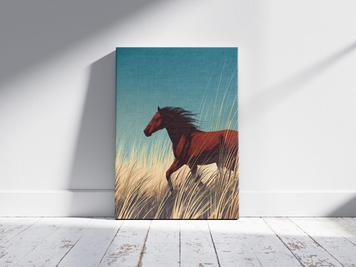 Wild Horse Running Through Golden Prairie Grass Sunset Poster - Image 2
