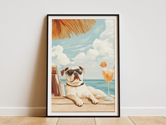 Cool Puggle Dog At The Beach Summer Vacation Poster Print Coastal Art Lover Gift Funny Canine Summertime Decor House
